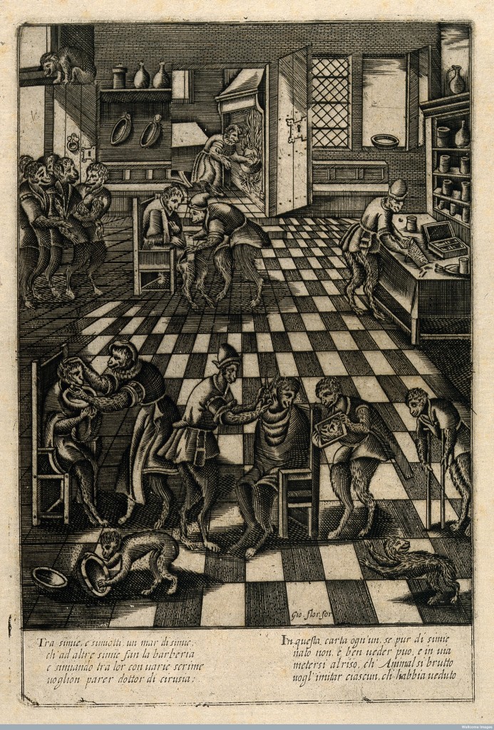 Singerie of a barbershop. Engraving after P. van der Borcht. © Wellcome Images, Wellcome Library, London. 